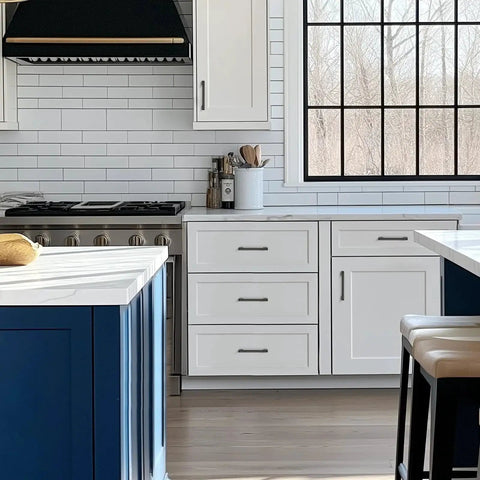 White kitchen with Black Cabinet Pulls Six And One Quarter Inch Hole Spacing Wide Base Kitchen Cabinet Handles on drawers and cabinets