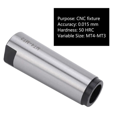 Side view of silver tapered drill sleeve reducing adapter MT4-MT2, hardened steel