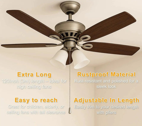 Ceiling fan with 120 Inch Ceiling Fan Pull Chain Extender With Stainless Steel Ball Chain 12 Connectors, features highlighted