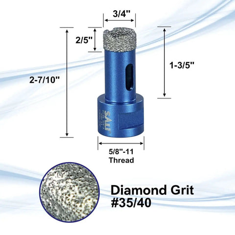 3/4-inch Diamond Core Drill Bit for Tile and Stone, 19mm with 5/8-11 thread arbor, vacuum brazed for angle grinders and drills