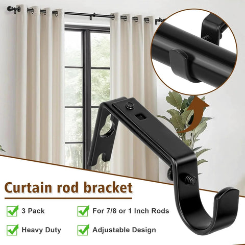 Heavy Duty Curtain Rod Brackets For 1 Inch Rods Adjustable Wall Mount Iron Rod Holders with blackout curtains, 3 pack