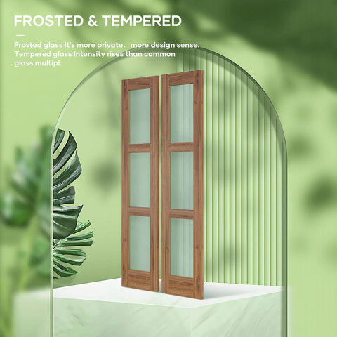 Double 18 By 84 Inch Glass Barn Doors With 36 Inch Opening, 6.6 Ft Beefed-Up Hardware Kit, 3 Panel Frosted Glass
