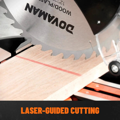 Close-up of Powerful 12 Inch Dual Bevel Sliding Miter Saw With Ambidextrous Operation And Laser Guide Dovaman cutting wood