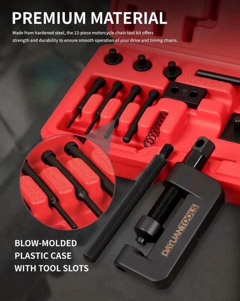 13 Piece Motorcycle Chain Breaker Set With Carrying Case Chain Cutter And Riveter Kit For Chains From 25 To 630 Easy To Use Chain Removal Tool For Motorcycles Bikes ATVs And OHV Cam Chains Dayuan in red plastic case with labeled slots and black tools visible