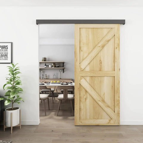 Installed Six Foot Barn Door Hardware Kit Black Aluminum Box Rail Sliding Track with wooden door in modern interior.