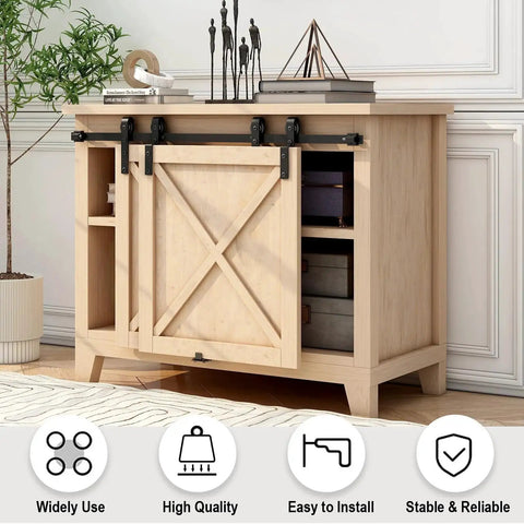 4 Foot Mini Bypass Barn Door Hardware Kit For Two Doors With Premium Carbon Steel Track Capable Of 110 Lbs For Cabinet TV Stand And Cupboard Applications Designed For 20 To 26 Mm Thick Doors And 27 Inch Wide With 3.54 Inch Clearance installed on wooden cabinet