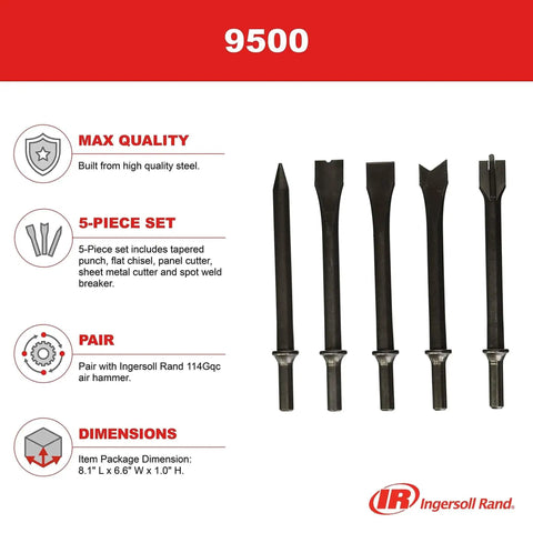 9500 Chisel Bit Kit For 114GQC Edge Series Air Hammer, 5 piece set with tapered punch, flat chisel, pro grade steel