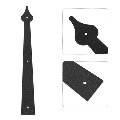 Decorative Garage Door Hinges And Handles Hardware Kit In Black Spear Style, strap hinge details, screw mounted for exterior use