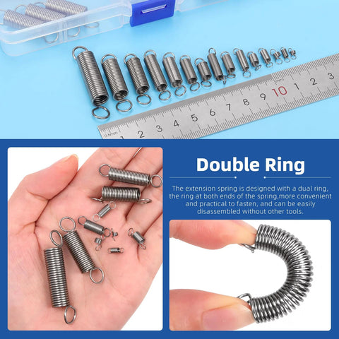 96pcs stainless steel extension springs with double hooks, 15 sizes, shown on ruler and in hand; close-up curved spring
