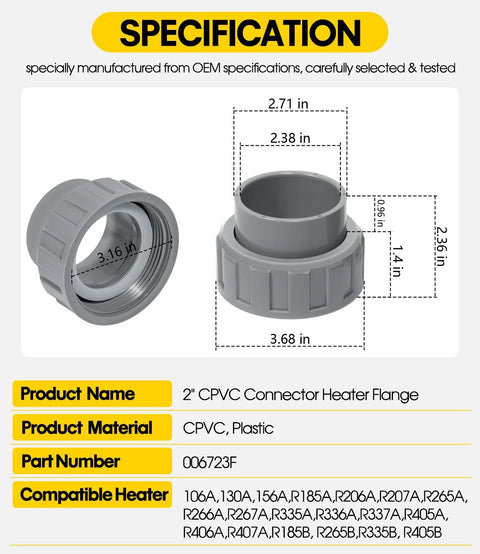 DearChan 2-pack 2-inch CPVC connector with heater flange and nut kit for Raypak/Rheem pool heaters