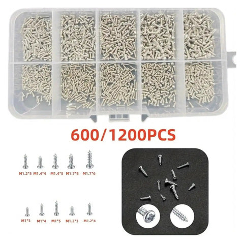 600 And 1200 Piece Miniature Self Tapping Screws Set, Crosshead Phillips Head Carbon Steel Kit in plastic organizer box