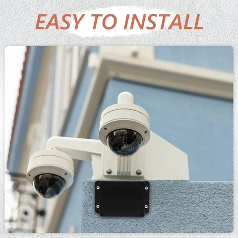 Beefy Black Plastic Waterproof Electrical Junction Box 115x90x55mm With Mounting Ears installed outdoors under security cameras