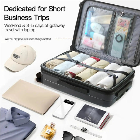 Open 20 inch expandable hardside polycarbonate carry-on luggage showing packed clothes and toiletries with a front pocket.