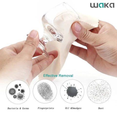Person using Ten Pack Microfiber Cleaning Cloths 6x7 Inches Lint Free For Eyeglasses Screens to clean glass, removing germs and smudges.