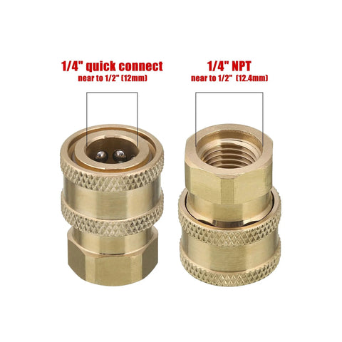 Quick Connect Pressure Washer Coupler 1 Quarter Inch NPT Brass Socket And Female Thread Fitting For Easy Gun And Nozzle Swaps Ball Lock Design Delivers A Solid Connection Every Time, showing front and side view.