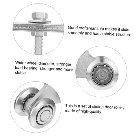 Close-up of heavy duty sliding door track roller wheel for wardrobes and closets showing steel material and bearings.