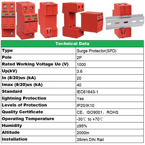 Two Pole 40KA DC Surge Protector For Solar PV And Home Lightning Protection Heavy Duty 1000V Rating 2P Arrester with DIN Rail