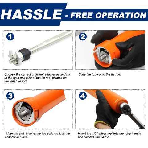 Step-by-step guide using Inner Tie Rod Removal Tool Set With 12 Crowfoot Adapters And Half Inch Drive, featuring steel tubes and adapters.