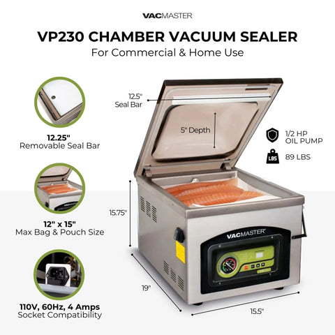 VacMaster VP230 chamber vacuum sealer, stainless steel kitchen appliance with front control panel.