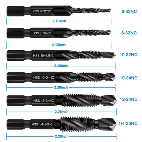 6 Pack Combination Drill And Tap Bit Set For SAE Threads 6-32, 8-32, 10-32, 10-24, 12-24, 1/4-20 With Anti Rust Black Coating