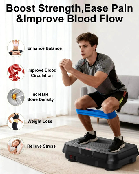 Man using Total Body Vibration Plate For Kickstart Fat Burn And Lymphatic Drainage Home Gym Workout with resistance band