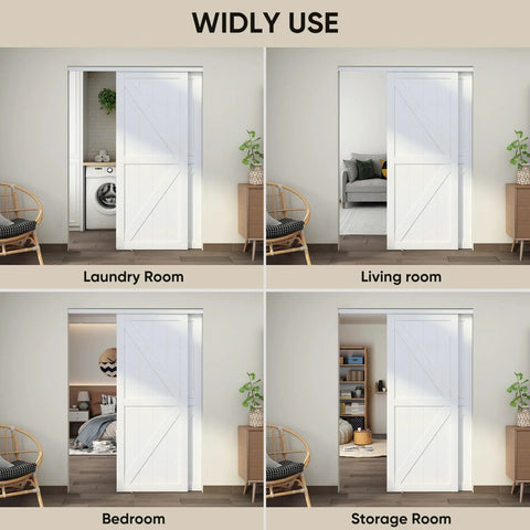 Double 72 Inch By 80 Inch K Style Sliding Closet Door With Hardware Kit And Matching Fascia shown in various room settings