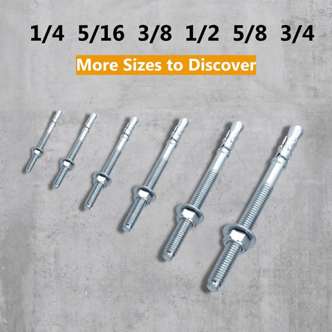 Different sizes of wedge anchors for concrete; includes Beefed-Up Wedge Anchors For Concrete And Cement Beams And Machinery Party Animals Three Eighths By Seven Inches Zinc Plated Five Piece Anchor Bolts Set For Industrial Concrete Installations.