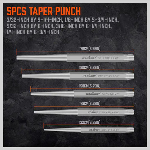 SPCS taper punch set with size measurements for 3/32 to 1/4 inch, part of 16 Piece Punch And Chisel Set With Taper Punch Cold Chisels.