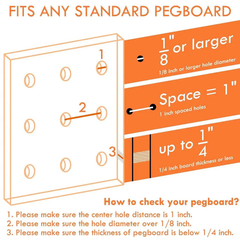 Diagram showing compatibility of Pegboard Hooks And Accessories Kit For 1/8 Inch And 1/4 Inch Pegboards with spacing and thickness details.