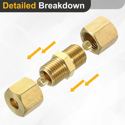 Two brass compression tube fittings for 10mm tube OD with ferrules and sleeves, straight coupling adapters