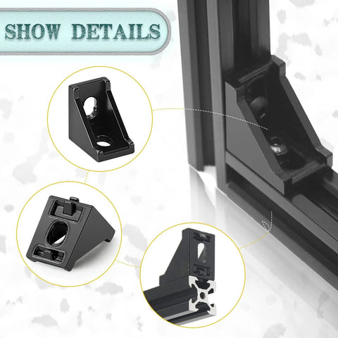 2020 Series Aluminum Extrusion Profile Connector Kit for 20mm Rails, close-up of corner bracket and rail assembly detail