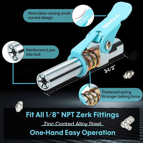 Heavy Duty Quick Release Grease Gun Coupler With Locking 6 Jaw System And Zerk Fittings Cleaner, 10,000 PSI, 1/8 in NPT