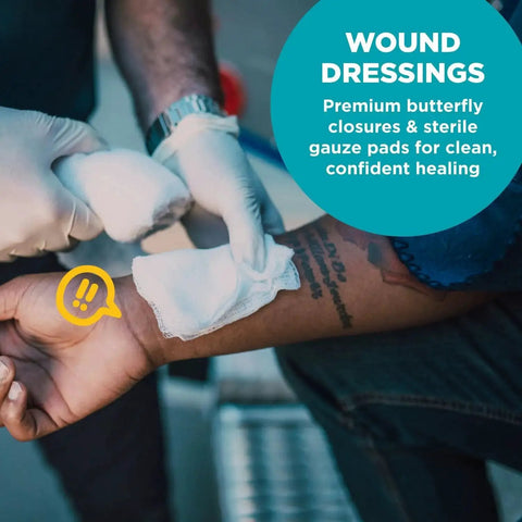 Person applying wound dressing from Grab And Go 110 Piece First Aid Kit For Home Office Car Travel Outdoor Sports And School