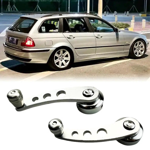 Aluminum Billet Car Window Crank Handle Set 2 Pieces shown with Classic Wagon, includes hex wrench and screws, silver finish
