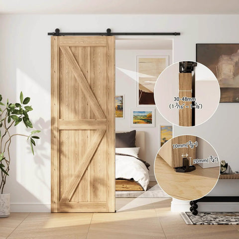 10 Ft Sliding Barn Door Hardware Kit For A Single Wood Door Heavy Duty Black T Shaped Track System DIY Home Renovation Space Saving Interior Door Hardware installed in living room