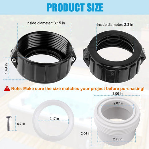 XT Hot Tub heater split-nut union set, 2 in half-slip, black unions 3.15 in and 2.3 in; white tailpiece with 3.06 in OD