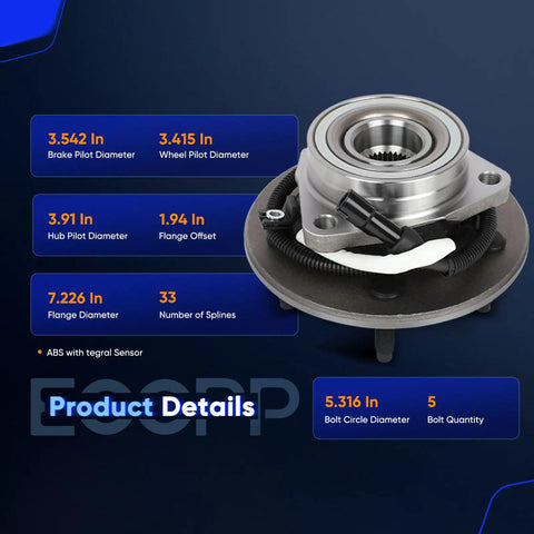 Beefy Wheel Bearing And Hub Assembly Replacement For Ford F150 1997 1998 1999 2000 5 Lug Hubs With ABS Direct Fit OE Quality 515010 Pair 4WD Ready Long Lasting shown with dimensions and features.