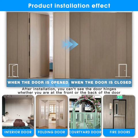 Hidden Door Hinges 7 Inch Set Heavy Duty Concealed Hinges Adjustable 180 Degree 3D Invisible Hinges For Secret Doors With Smooth Close And High Weight Capacity Up To 177 Lb Pacify shown during installation on various door types.
