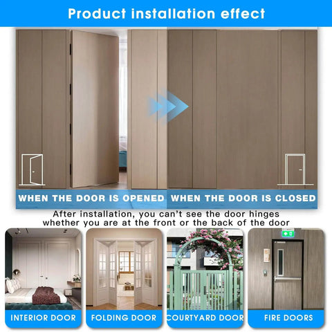 Hidden Door Hinges 6 Inch Heavy Duty 2 Pack Concealed 3D Adjustable Butt Hinges With 180 Degree Swing And 88 LB Capacity shown installed on a minimalist door setup highlighting open and closed positions.