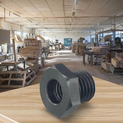 M18X2.5 To 1-8TPI Wood Lathe Chuck Adapter For Headstock Spindle in a workshop, used in woodworking and CNC machining.