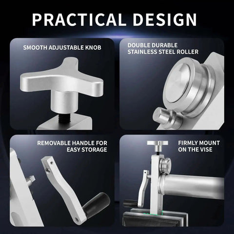 Practical design features of Pro Grade Tube Bead Roller for Copper Aluminum and Thin Steel Tubing; includes adjustable knob and stainless steel roller.