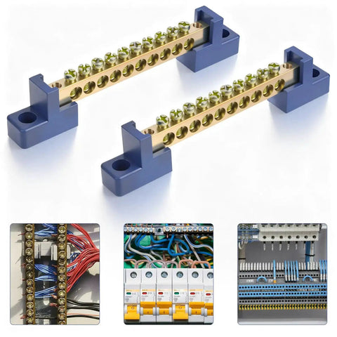 Beefy Ground Bar Kit 10 Positions For Electrical Panels Brass Terminal Block With Blue Insulated Base Marine Grade