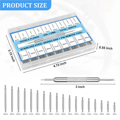 Watch Band Pins And Spring Bar Repair Kit With Strap Remover Tool, 360 Pieces Set dimensions and included sizes in image.