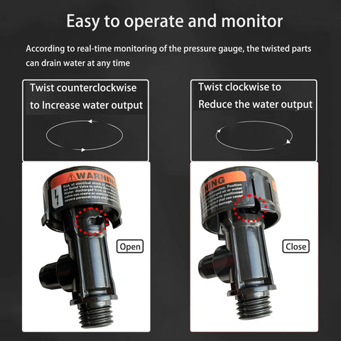 Dicsley pool filter manual air relief valve, black plastic with orange warning label; open and closed states shown.