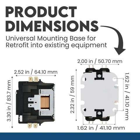 Dimensions of 2-Pole Definite Purpose Contactor With 120V Coil 40 Amp Heavy Duty HVAC Switch showing universal mounting base.