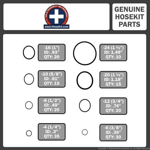 Diagram of All-In-One ORFS Hydraulic O-Ring Face Seal Kit With 155 Buna-N O-Rings, 8 sizes from 1/4 In to 1-1/2 In.