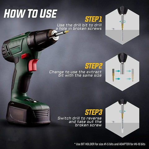 Instructions showing how to use a 22 Piece Titanium Screw Extractor Set For Stripped Screws And Bolts Reverses Damaged Threads With Any Drill