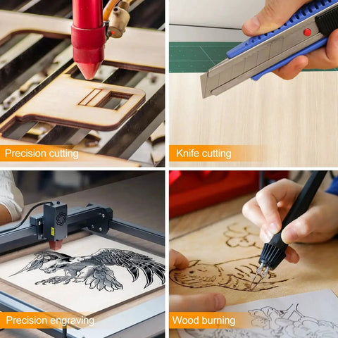 Basswood Sheets For Laser Cutting And DIY Crafts, showing cutting, engraving, and wood burning processes on 11.8 x 11.8 Inch plywood.