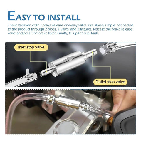 Installed view of two-piece silver brake bleeder hose kit with one-way valve and clamps for car or motorcycle braking system