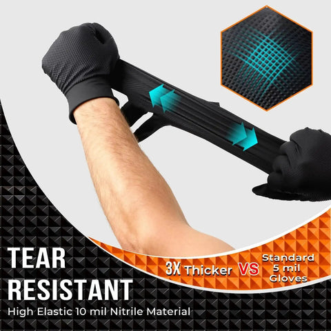 Person stretching 10 Mil Diamond Textured Nitrile Gloves Heavy Duty Latex Free Powder Free X Large showing tear resistance.